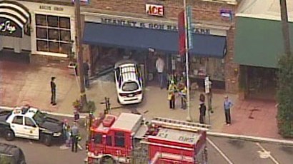 One person was injured Tuesday when a car crashed through a front window at a La Jolla hardware store.
