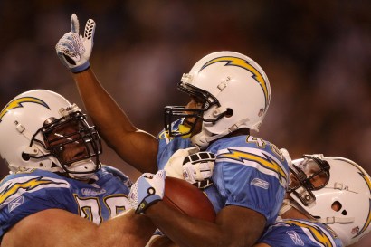Darren Sproles #43 of the San Diego Chargers celebrates a touchdown against the Indianapolis Colts during their AFC Wild Card Game on January 3, 2009 at Qualcomm Stadium in San Diego, California. Spro