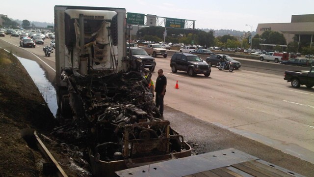Fire Destroys Big Rig on Freeway 