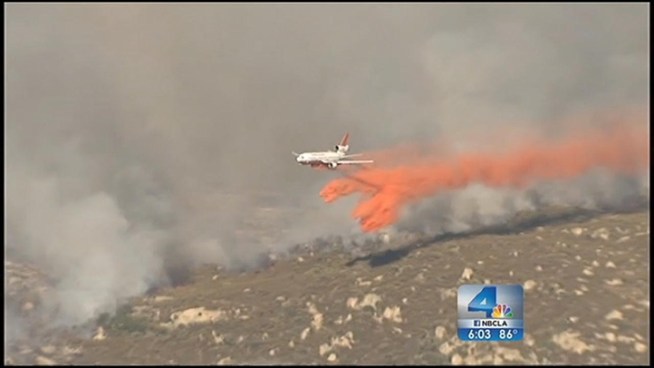 It s an expensive option, but bringing in the DC-10 jet was critical for containing the Buck Fire, which began Tuesday as a result of a lightning strike in Riverside County. It costs approximately $19,000 dollars an hour to fly the huge airplane. Craig Fiegener reports from Hemet for the NBC4 News at 6 p.m. on August 15, 2012.