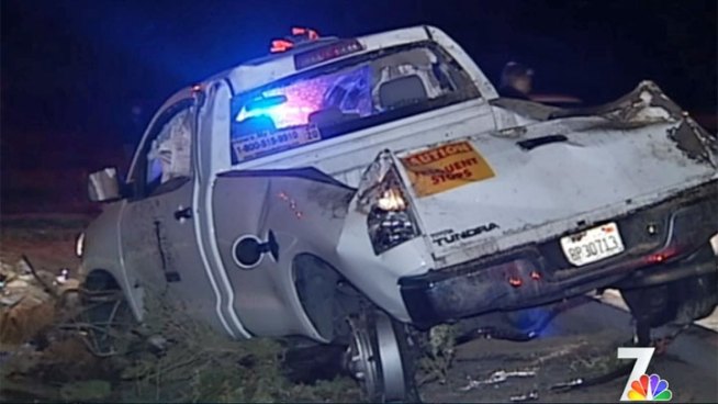 The driver (inset) was taken into police custody after the truck was brought to a stop by the second in a series of spike strips. NBC 7's Brandi Powell reports.