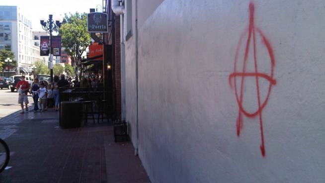 Following a protest in downtown San Diego, police searched for a group of masked vandals accused of spray-painting and tagging parts of downtown. NBC 7's Chris Chan reports.