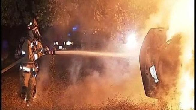 Two men are hospitalized after their car rolled over on the eastbound I-8 transition to the northbound I-15 around 1:30 a.m. Tuesday. The CHP says the accident was DUI related. The car burst into flames after the men got out of the car.