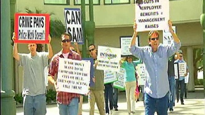 Escondido city employees and their families are upset city manager Clay Phillips recently increased the pay of a group of top managers with annual salaries above $100k. NBC 7's Mark Mullen reports.