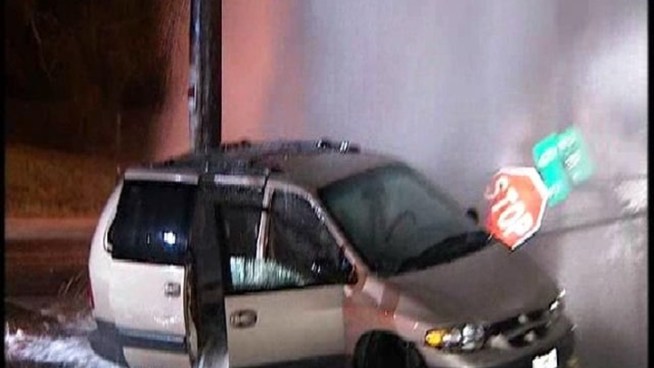 A hit-and-run driver crashed into a stop sign and knocked over a fire hydrant sending water high into the air early Tuesday.