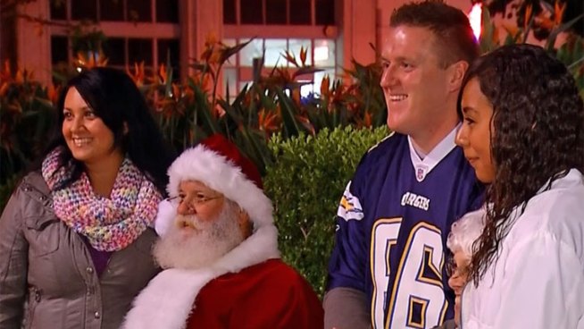 Charger Jeromey Clary joins a holiday ice skating party for the children and volunteer mentors from Big Brothers Big Sisters outside NBC 7 San Diego studios downtown.