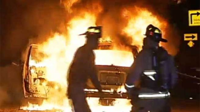 A San Diego police SUV used for recruiting was traveling on State Route 163 when it caught on fire. In the raw video, you can hear someone warning firefighters there is ammunition in the vehicle.