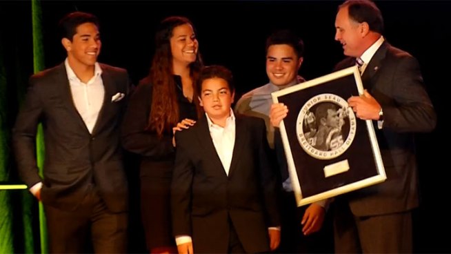 When Junior Seau was honored at the annual Salute to Champions dinner held Monday night, his ex-wife and children were there on his behalf. They're the true legacy of Junior Seau. Here they're accepting the plaque on their father's behalf with NBC 7's Sports Director Jim Laslavic.