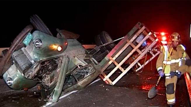 A driver of a small car is missing after crashing into an old truck in El Cajon.