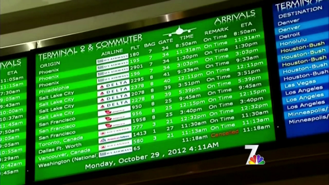 San Diego residents and visitors were held up at the airport as Sandy grounded many flights.