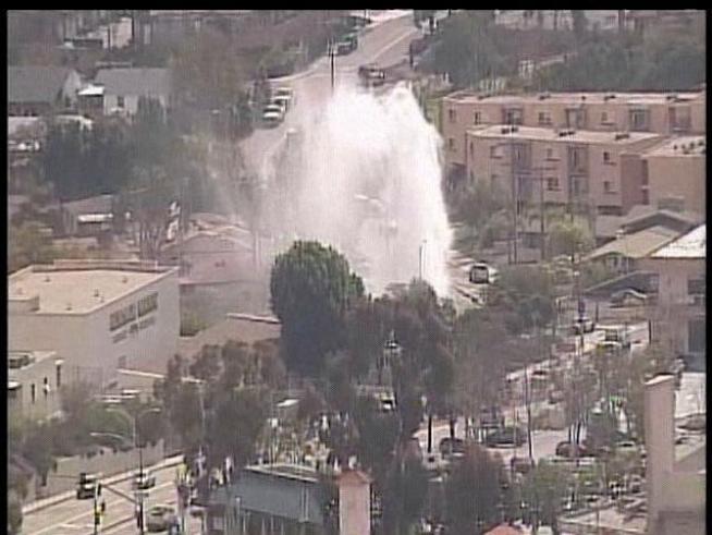 Raw video of a geyser that could be see high above buildings at 54th Place and Orange Avenue in City Heights.