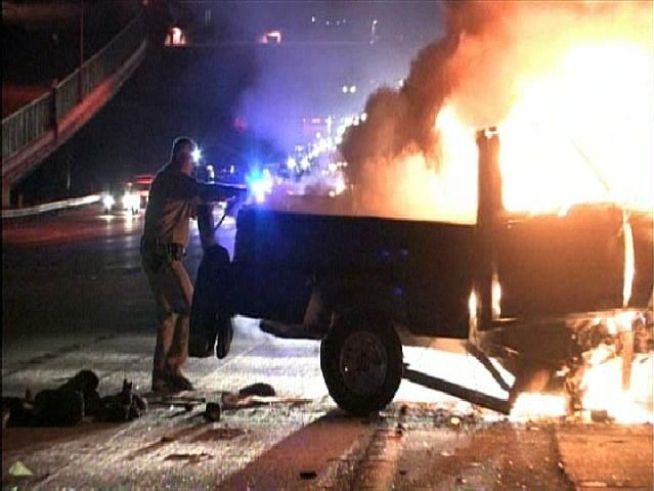 A driver crashed into a guardrail on westbound I-8 near Grantville Friday night, causing the driver's car to catch on fire. The driver died at the scene. NBC 7's Tony Shin reports.