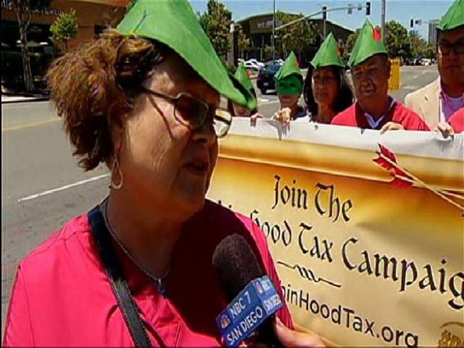 One group of protesters gathered to raise awareness for a new Robin Hood Tax. Brandi Powell spoke to Jerry Jenkins, a registered nurse with the California Nurses Assocaition, about solutions to income gaps in America.