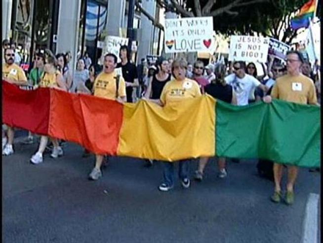 Thousands of Prop 8 opponents took to the streets in San Diego on Saturday.