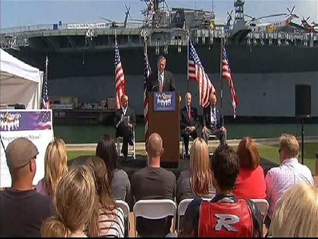 A Super PAC called Fight4America launched a campaign against defense spending cuts and lifted off in San Diego on Tuesday. Gene Cubbison spoke with Former Rep. Duncan Hunter and Jess Durfee with the San Diego County Democratic about the messages of the new SuperPAC.