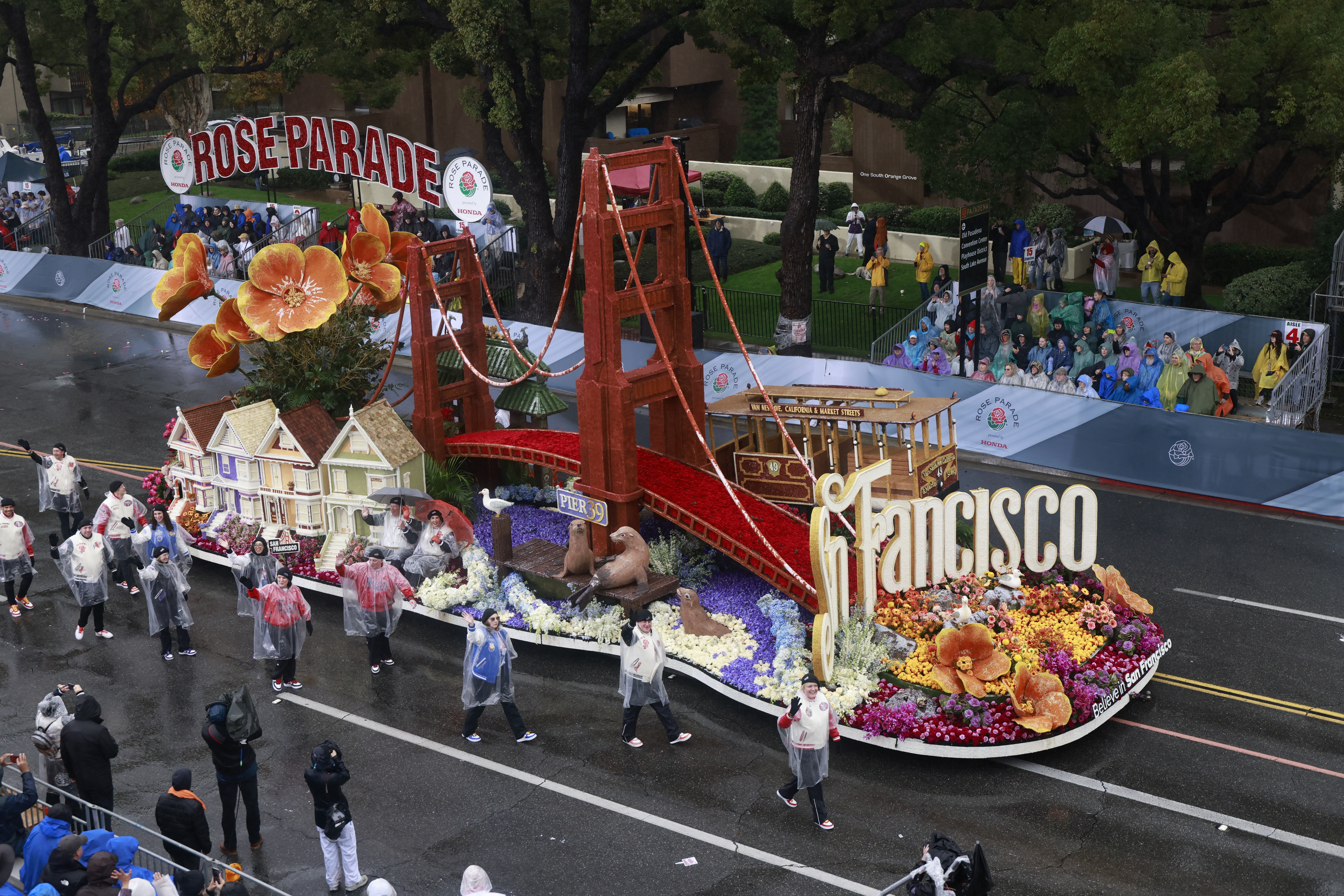 A San Francisco float rolls down the route of the 137th Rose Bowl Parade on Thursday, Jan. 1, 2026,