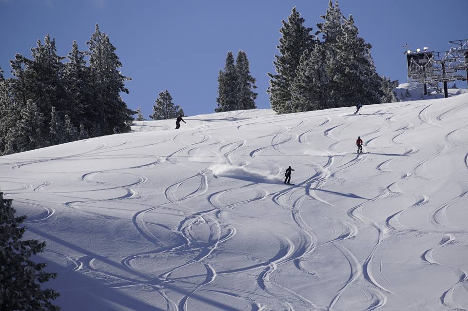 People are spotted skiing down a hill at the Snow Valley Mountain Resort in the San Bernardino Mountain community of Running Springs on Saturday, Jan. 21, 2017. 