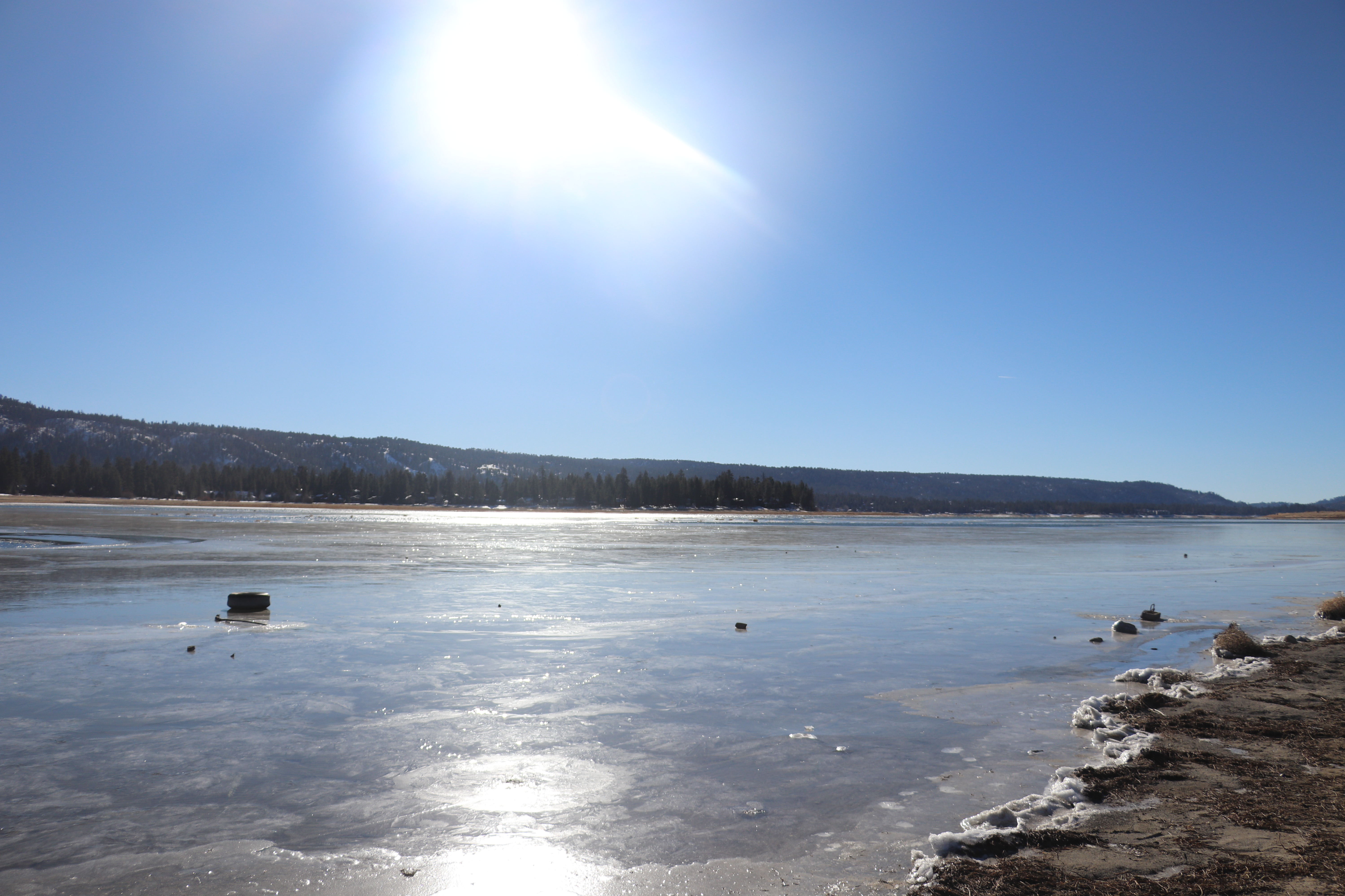 A view of an icy Big Bear Lake on Jan. 1, 2019.