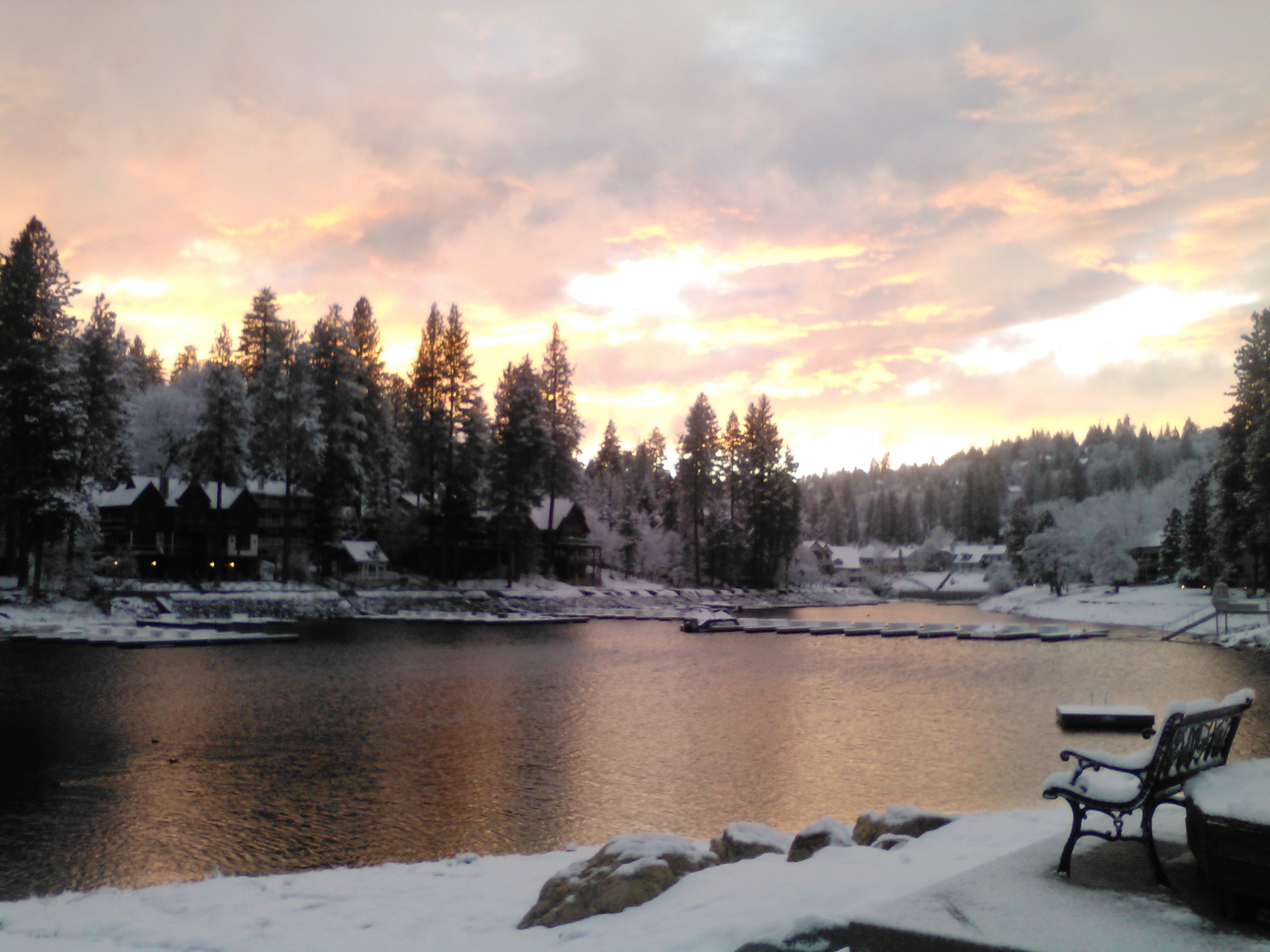 A serene image after a storm hits Southern California on March 29, 2016, leaving areas like Lake Arrowhead and Wrightwood with snow. 