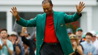 Tiger Woods smiles as he wears his green jacket after winning the Masters golf tournament in Augusta, Ga. Fourteen years after his last Masters win and 11 years after his last major, after fighting through chronic back problems, multiple surgeries, a bout with painkillers and long after just about everybody had written him off, Woods claimed his fifth green jacket.