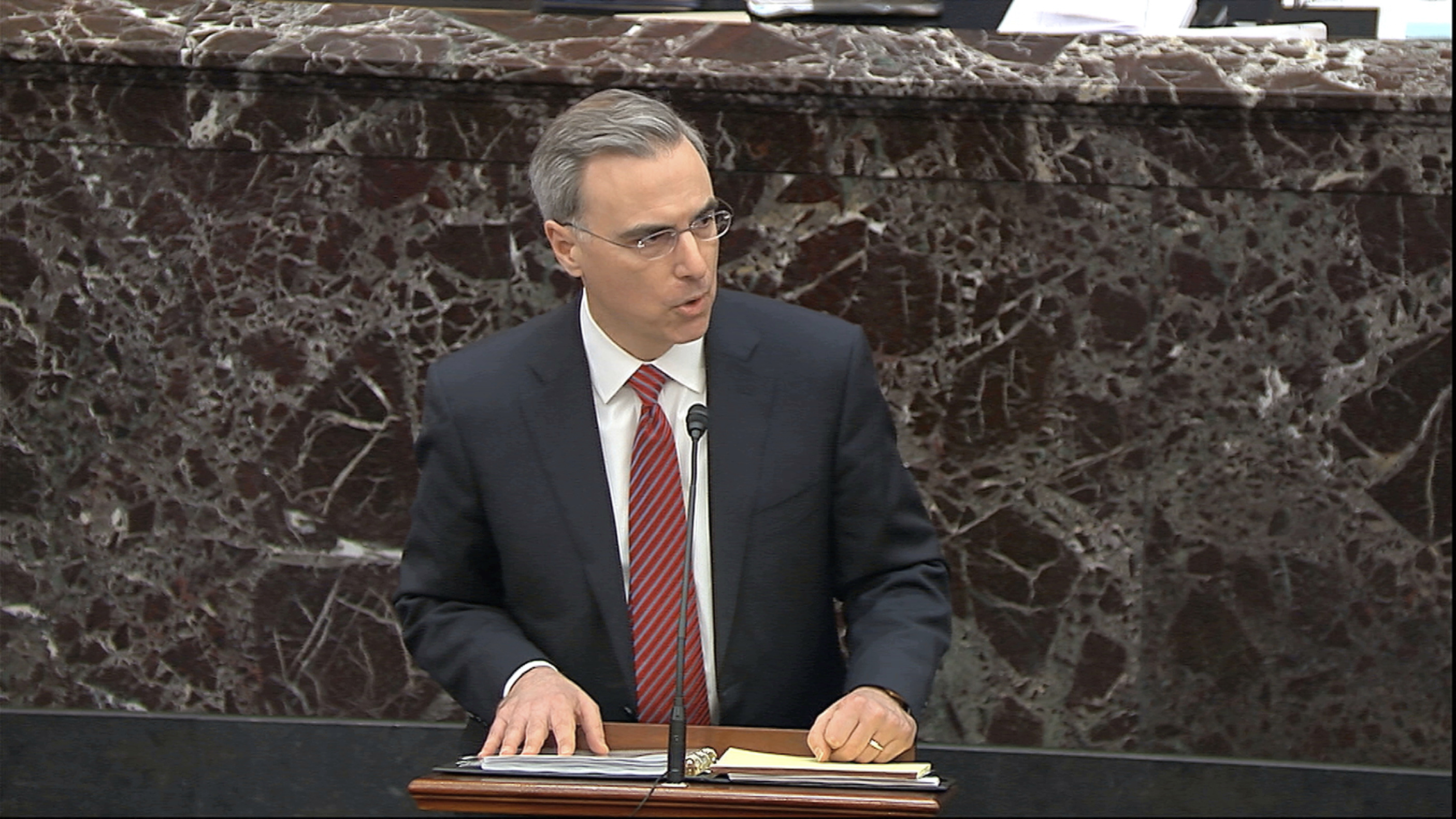 In this image from video, White House counsel Pat Cipollone speaks in favor of of Senate Resolution 483, the organizing resolution for the impeachment trial against President Donald Trump in the Senate at the U.S. Capitol in Washington, Tuesday, Jan. 21, 2020.