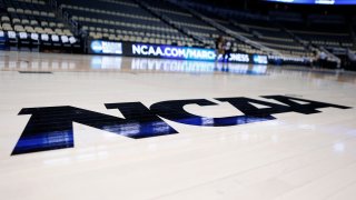 NCAA logo on the basketball court inside The Consol Energy Center in Pittsburgh