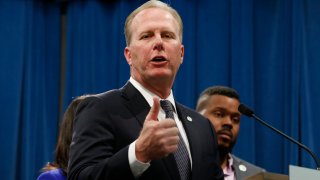 San Diego Mayor Kevin Faulconer discusses the meeting concerning the state's homeless situation he and other mayors of some of California's largest cities had with Gov. Gavin Newsom at the Capitol in Sacramento, Calif., Monday, March 9, 2020.