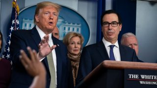 In this March 17, 2020, file photo, Treasury Secretary Steven Mnuchin, right, listens as President Donald Trump speaks during a press briefing with the coronavirus task force at the White House in Washington.
