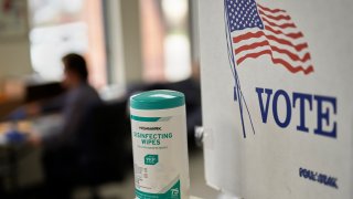Disinfecting wipes next to a "VOTE" sign
