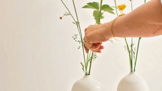 A woman arranges flowers in a vase