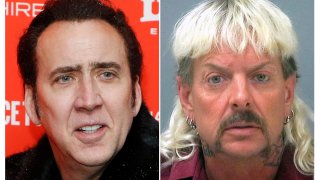 This combination photo shows actor Nicolas Cage at the premiere of "Mandy" during the 2018 Sundance Film Festival in Park City, Utah. on Jan. 19, 2018, left, and a booking mug of provided by the Santa Rosa County Jail in Milton, Fla., shows Joseph Maldonado-Passage, also known as "Joe Exotic."