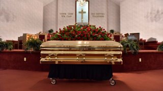 The casket of George Floyd is set inside the church for a memorial service Saturday, June 6, 2020, in Raeford, N.C. Floyd died after being restrained by Minneapolis police officers on May 25.