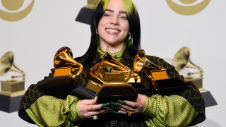 FILE - In this Jan. 26, 2020 file photo, Billie Eilish poses in the press room with the awards for best album and best pop vocal album for "We All Fall Asleep, Where Do We Go?", best song and record for "Bad Guy" and best new artist at the 62nd annual Grammy Awards in Los Angeles. The Recording Academy is making changes to several Grammy Awards categories, including the often-debated best new artist title, as well as having nomination review committee members sign disclosure forms to prevent conflicts of interest.