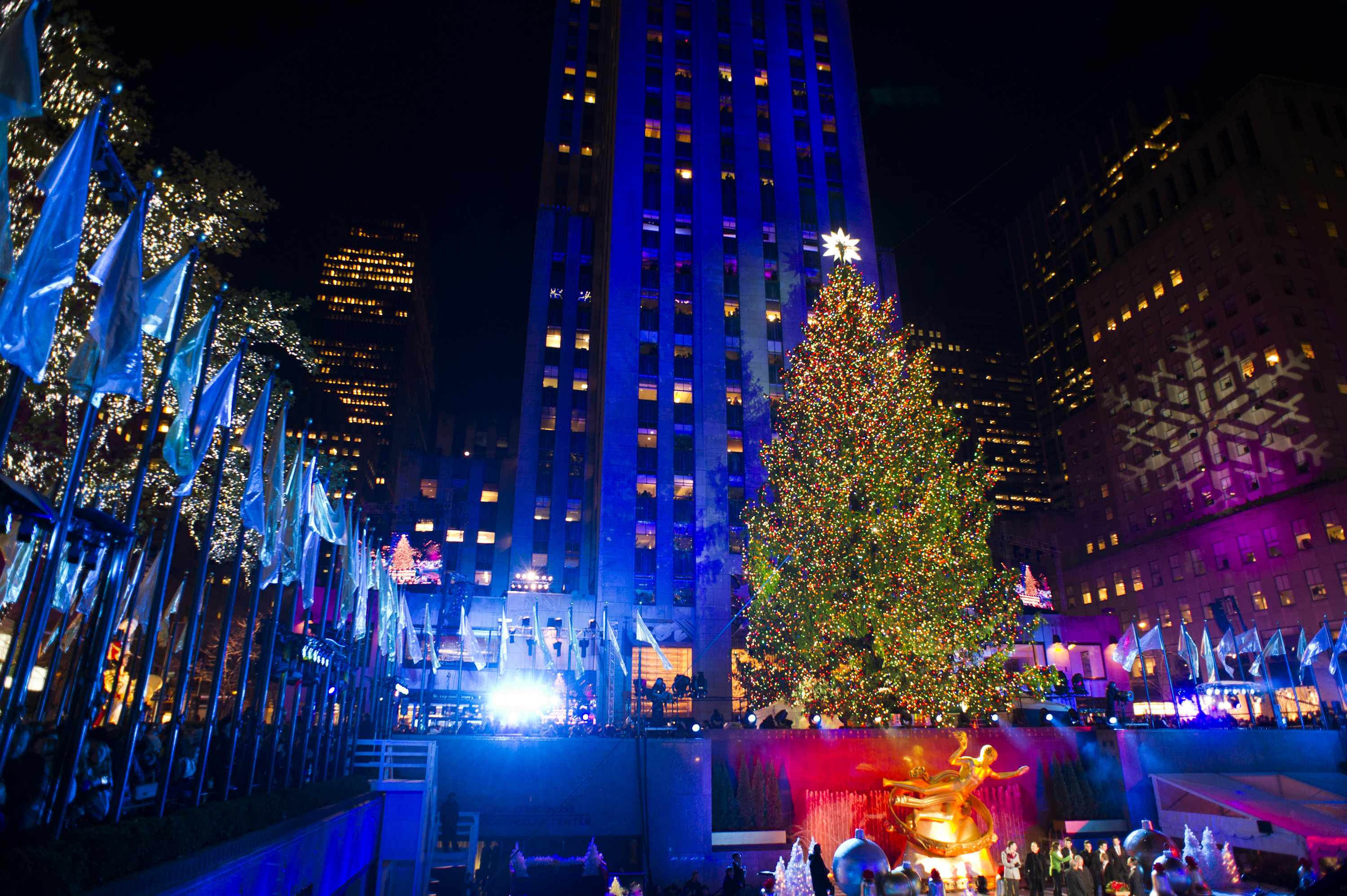 The 80-foot-tall Rockefeller Center Christmas tree is lit using 45,000 energy-efficient LED lights during the 80th annual lighting ceremony in New York, Nov. 28, 2012. The tree comes from the Mount Olive, N.J.