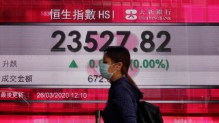 In this March 26, 2020, file photo, a woman wearing face mask walks past a bank electronic board showing the Hong Kong share index at Hong Kong Stock Exchange.