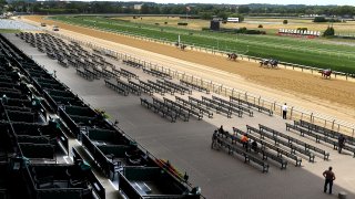 Happy Saver with Irad Ortiz Jr up wins thew Maiden prior to the 152nd running of the Belmont Stakes at Belmont Park on June 20, 2020 in Elmont, New York.