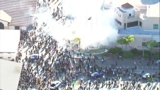 Chopper footage shows tear gas used during a protest in La Mesa on March 30.