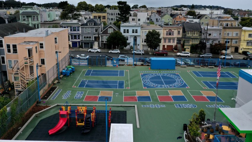An aerial view of the schoolyard at Frank McCoppin Elementary School on March 18, 2020 in San Francisco, California.
