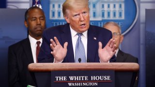 In this March 21, 2020, file photo, President Donald Trump speaks during a coronavirus task force briefing at the White House in Washington, DC.