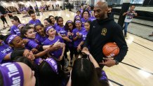 NEWBURY PARK, CA - MARCH 28: Retired NBA Player Kobe Bryant talks with girls at the Her Time To Play basketball clinic hosted by JR.NBA and WNBA with on March 28, 2019 at Mamba Sports Academy in Newbury Park, California. NOTE TO USER: User expressly acknowledges and agrees that, by downloading and/or using this photograph, User is consenting to the terms and conditions of Getty Images License Agreement. Mandatory Copyright Notice: Copyright 2019 NBAE (Photo by Will Navarro/NBAE via Getty Images)