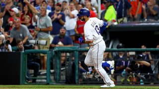 Joey Gallo of the Texas Rangers rounds the bases after hitting a solo home run in the seventh inning during the 90th MLB All-Star Game at Progressive Field on Tuesday, July 9, 2019 in Cleveland.