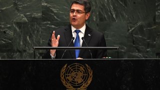 In this Sept. 25, 2019, file photo, President of Honduras Juan Orlando Hernandez Alvarado speaks at the 74th Session of the General Assembly at the United Nations headquarters in New York.