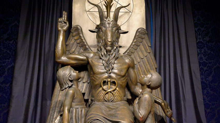 The Baphomet statue is seen in the conversion room at the Satanic Temple where a "Hell House" is being held in Salem, Massachusett on October 8, 2019.