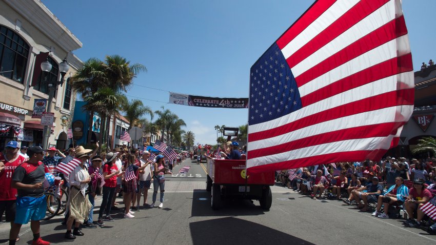 File photo: A giant American flag flies behind the float from the city of Fountain Valley along Main Street in Huntington Beach during the 115th annual Fourth of July parade on Thursday morning, July 4, 2019.