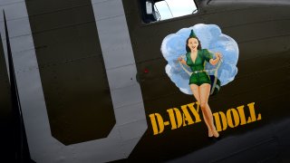 The D-Day Doll sits on display at the San Bernardino International Airport.