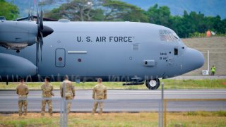 A US Air Force plane is pictured in Tolemaida, Colombia, on January 26, 2020.