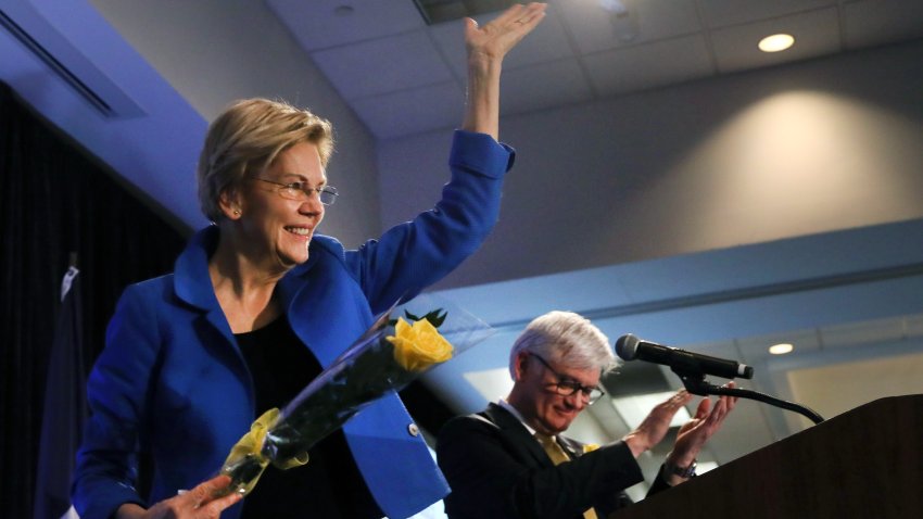 Democratic presidential candidate Sen. Elizabeth Warren, D-Mass., attends the Iowa State Educators Association (ISEA) forum at the Sheraton West Des Moines Hotel on Jan. 18, 2020, in West Des Moines, Iowa.