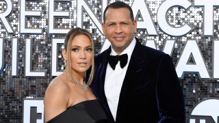 Jennifer Lopez and Alex Rodriguez attend the 26th Annual Screen Actors Guild Awards at The Shrine Auditorium on Jan. 19, 2020, in Los Angeles.