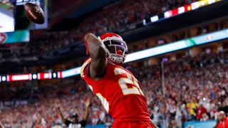 Damien Williams (26) of the Kansas City Chiefs runs for a touchdown against the San Francisco 49ers during the fourth quarter in Super Bowl LIV at Hard Rock Stadium on Feb. 2, 2020, in Miami, Florida.