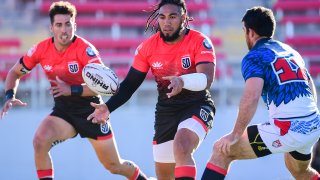 LAS VEGAS, NEVADA – FEBRUARY 16: Chad London of the Colorado Raptors watches Ma’a Nonu of the San Diego Legion pass during the Major League Rugby Vegas Weekend at Sam Boyd Stadium on February 16, 2020, in Las Vegas, Nevada. (Photo by Stuart Walmsley/Getty Images)